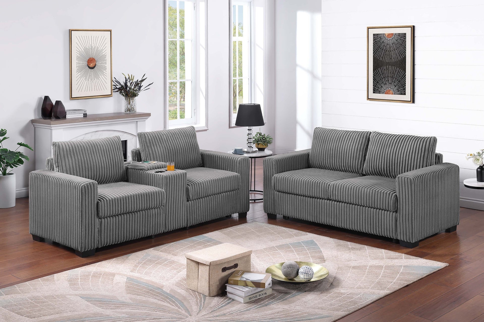 Smoke Finish 2pc Sofa Set Back Cushion Plastic Legs Cup Holders Charging Port  Corduroy Upholstered Modern Primary Living Room