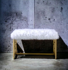 Bagley II White Faux Fur & Gold Finish Bench