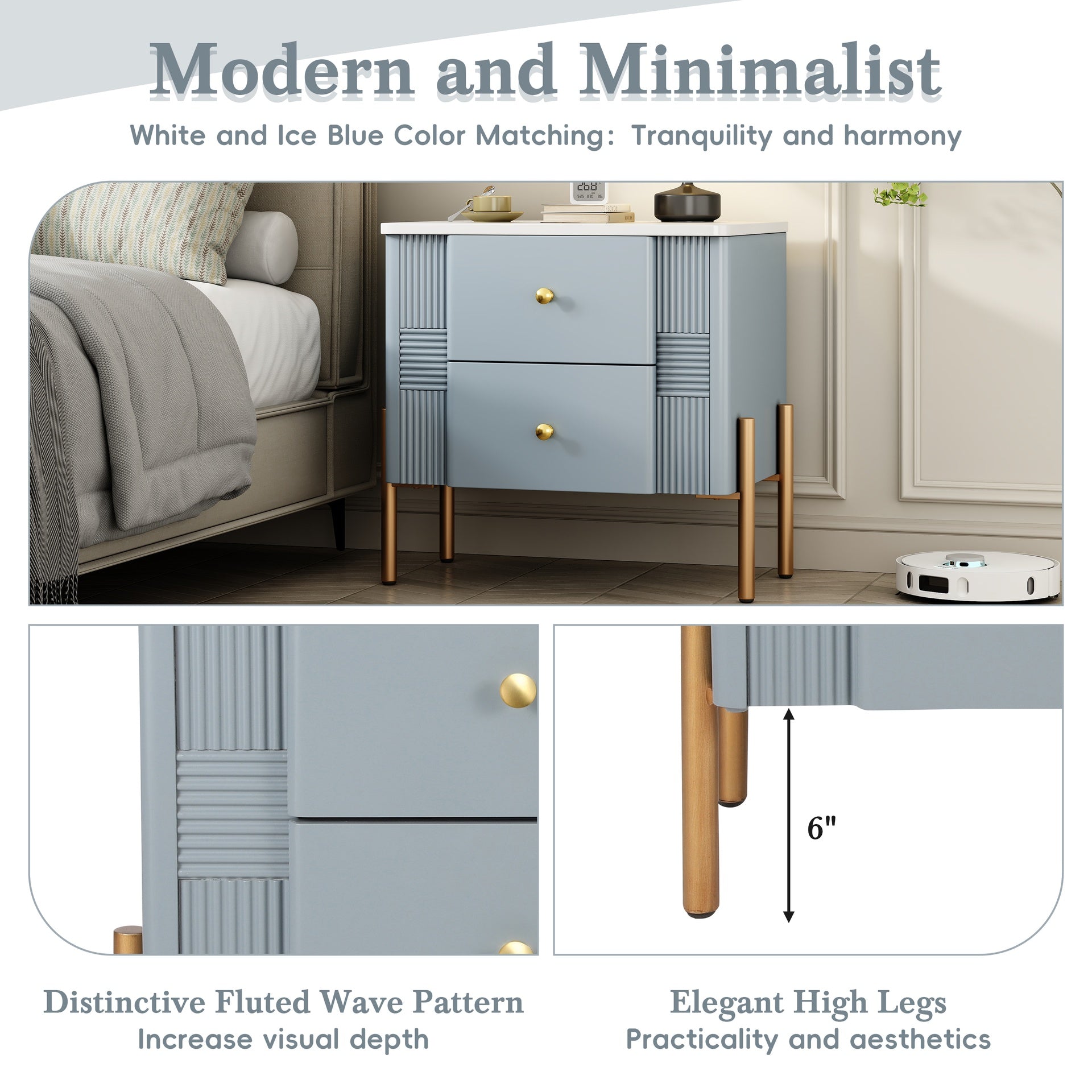Modern Nightstand with 2 Storage Drawer, Fluted Bedside Table with Golden Metal Handles and Legs, End Table for Living Room and Bedroom, Easy Assembly, Blue