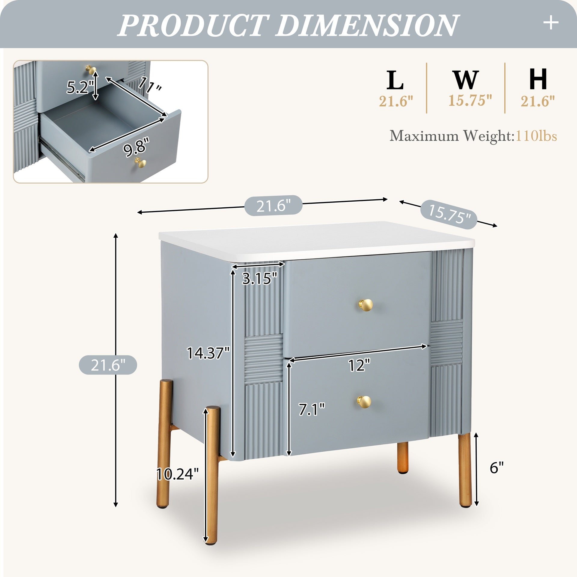 Modern Nightstand with 2 Storage Drawer, Fluted Bedside Table with Golden Metal Handles and Legs, End Table for Living Room and Bedroom, Easy Assembly, Blue