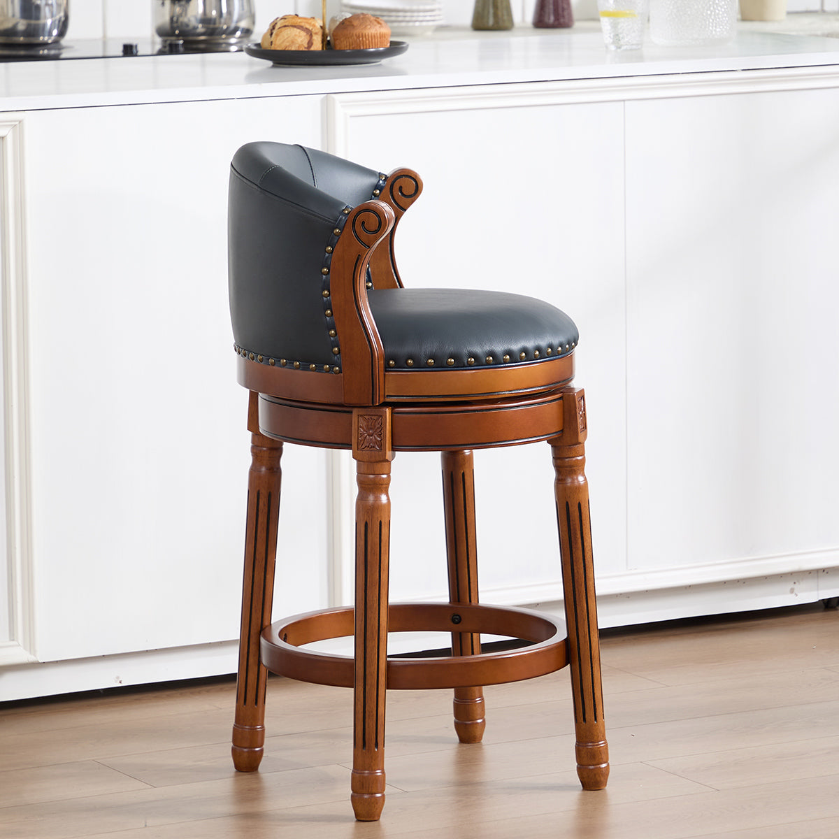 Cow top Leather Wooden Bar Stools, 360 Degree Swivel Bar Chair with Backs,Bar height Couner Height Barstools  for Home Kitchen Dining Room and Bar Room(blue 1pc)