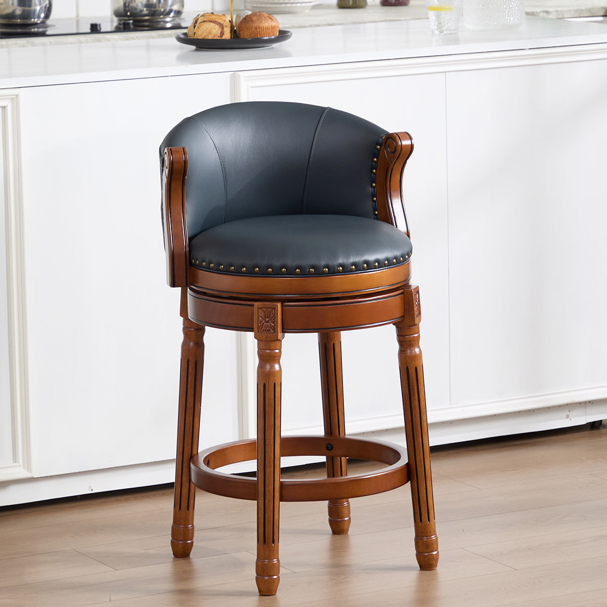 Cow top Leather Wooden Bar Stools, 360 Degree Swivel Bar Chair with Backs,Bar height Couner Height Barstools  for Home Kitchen Dining Room and Bar Room(blue 1pc)