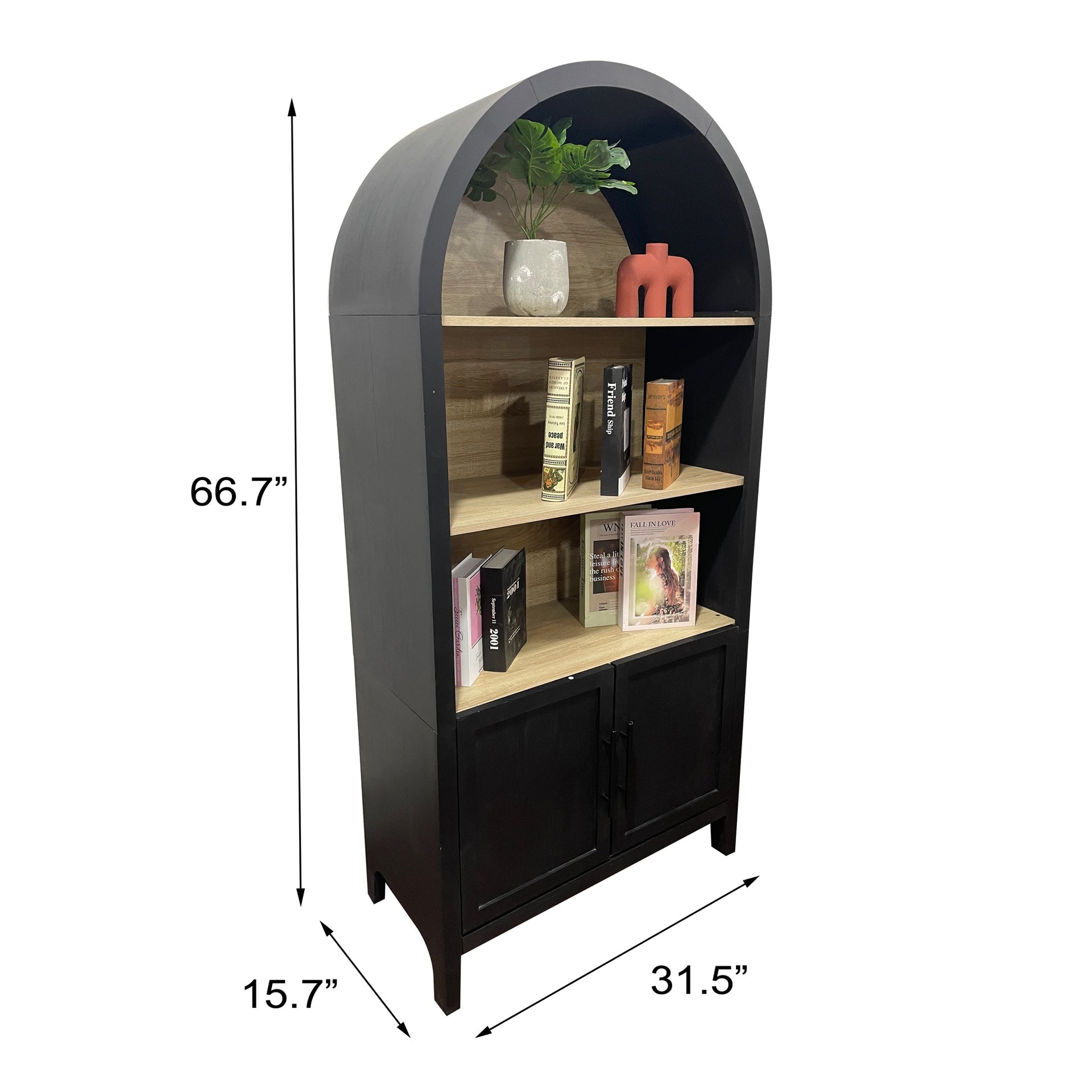 66.70 inch Tall Arched Bookcase with Storage, Mid-Century Modern 3-Tier Arched Cabinet with Door, Arched Bookshelf Cabinet with Open Display Storage Shelf for Office Dining Room Living Room (Black)