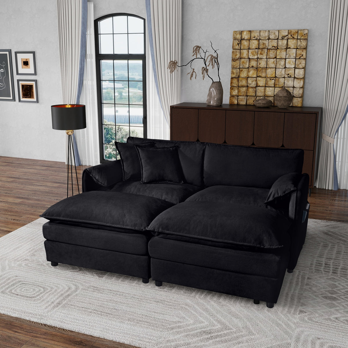 Deep Seat Sectional Cloud Sofa with 2 Ottomans & Soft Pillows, Loveseat Modular Couch for Living Room, Apartment,DIY Combination,Black