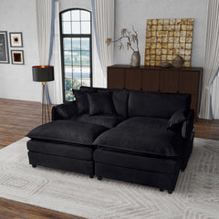 Deep Seat Sectional Cloud Sofa with 2 Ottomans & Soft Pillows, Loveseat Modular Couch for Living Room, Apartment,DIY Combination,Black