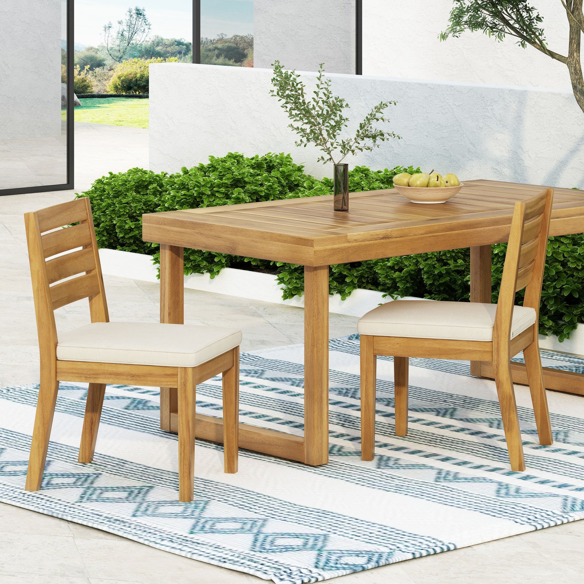 Outdoor Armless Dining Chair with Cushions(Set of 2),Natural and Beige