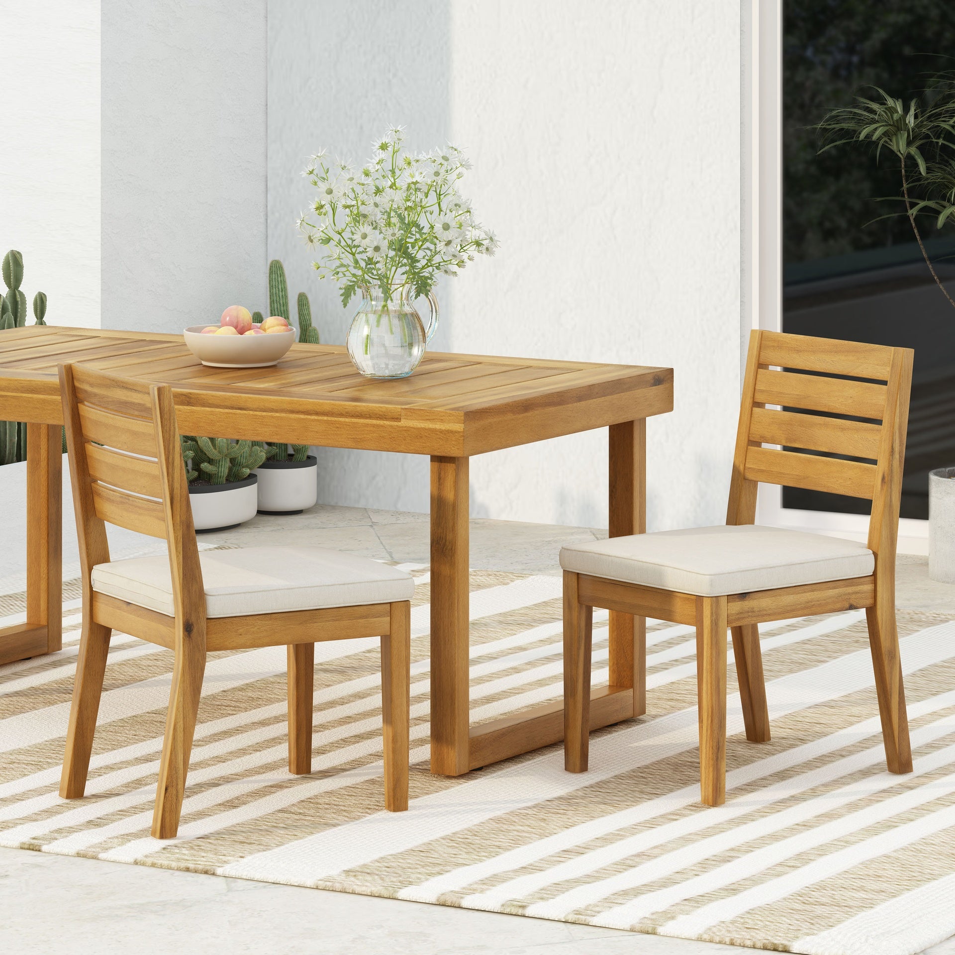 Outdoor Armless Dining Chair with Cushions(Set of 2),Natural and Beige