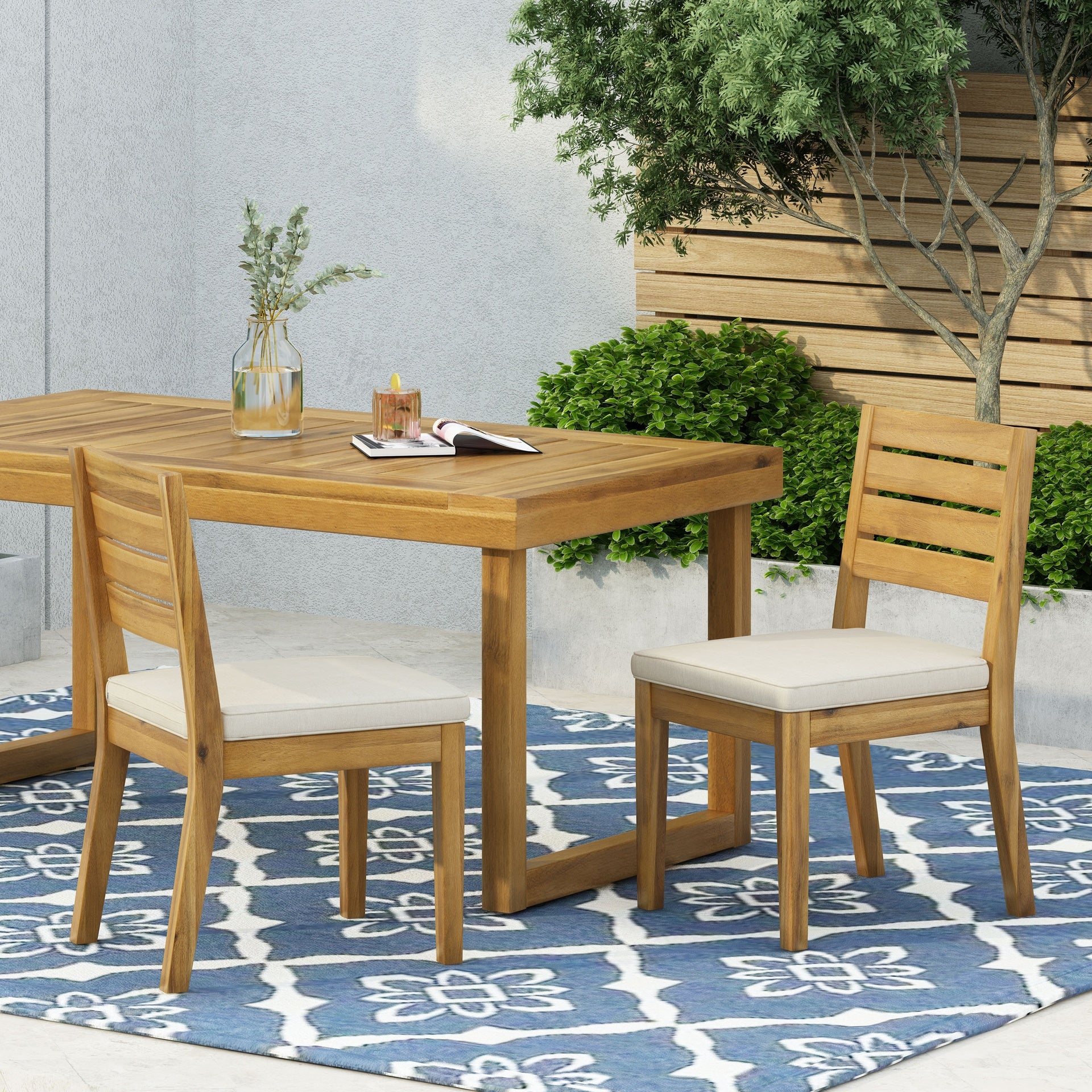 Outdoor Armless Dining Chair with Cushions(Set of 2),Natural and Beige