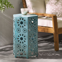 Galore 14" Side Table with Sunburst Cut Out Design, Teal