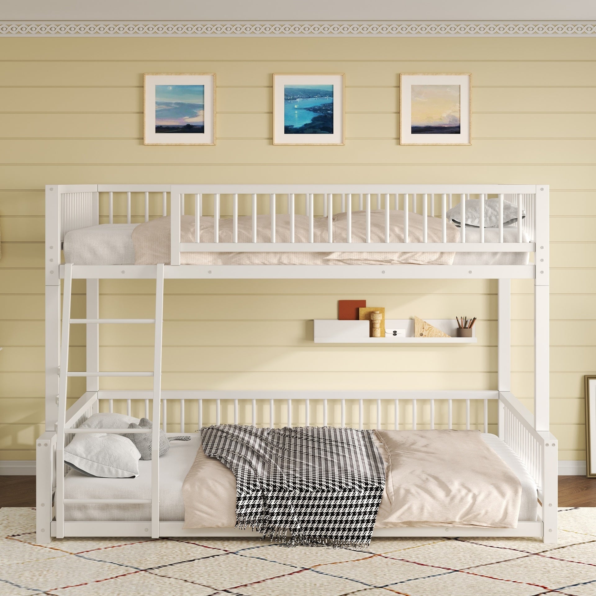 Full XL over Queen Floor Bunk Bed Frame with Ladder and Safety Guardrails, Easy Assemble, White
