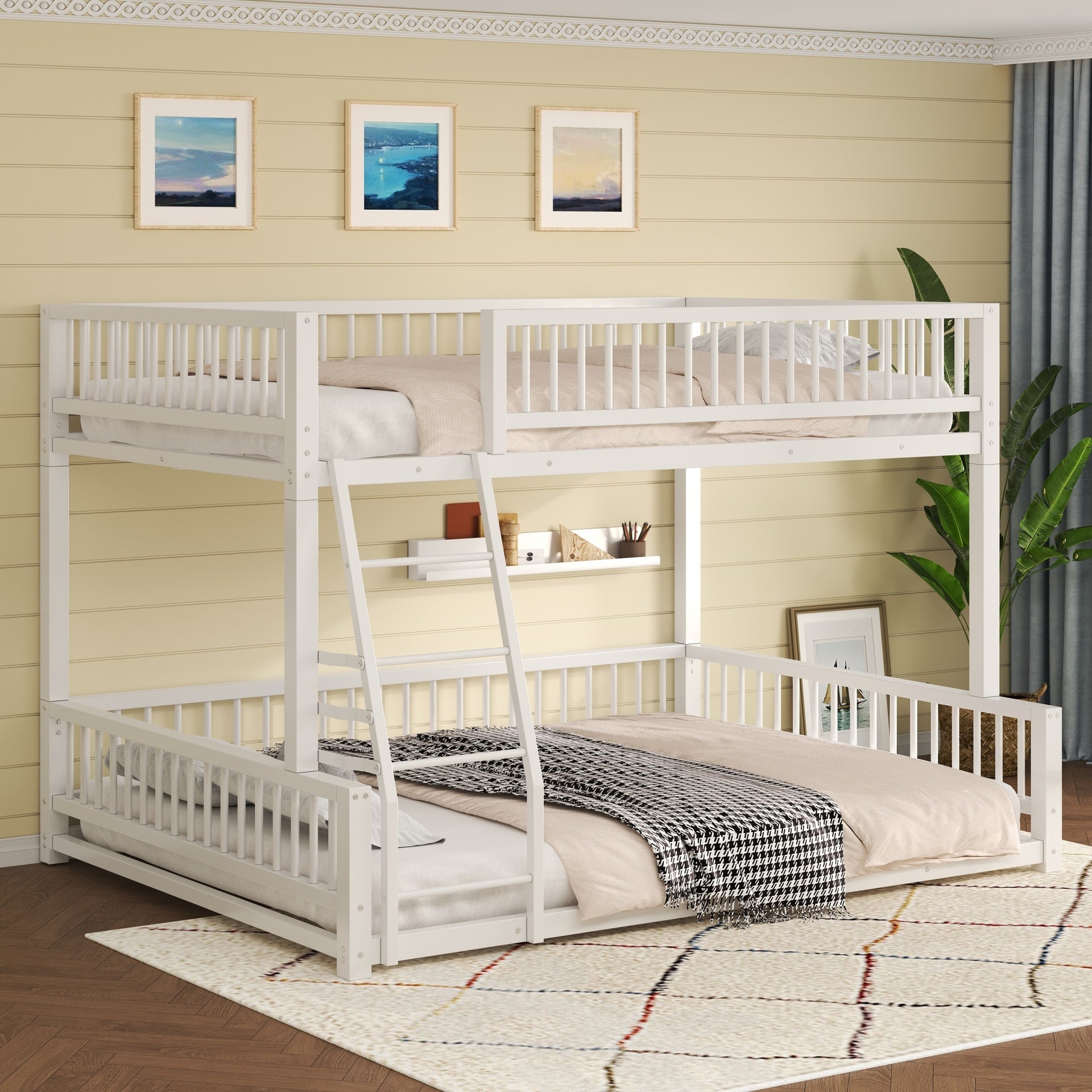 Full XL over Queen Floor Bunk Bed Frame with Ladder and Safety Guardrails, Easy Assemble, White
