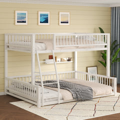 Full XL over Queen Floor Bunk Bed Frame with Ladder and Safety Guardrails, Easy Assemble, White
