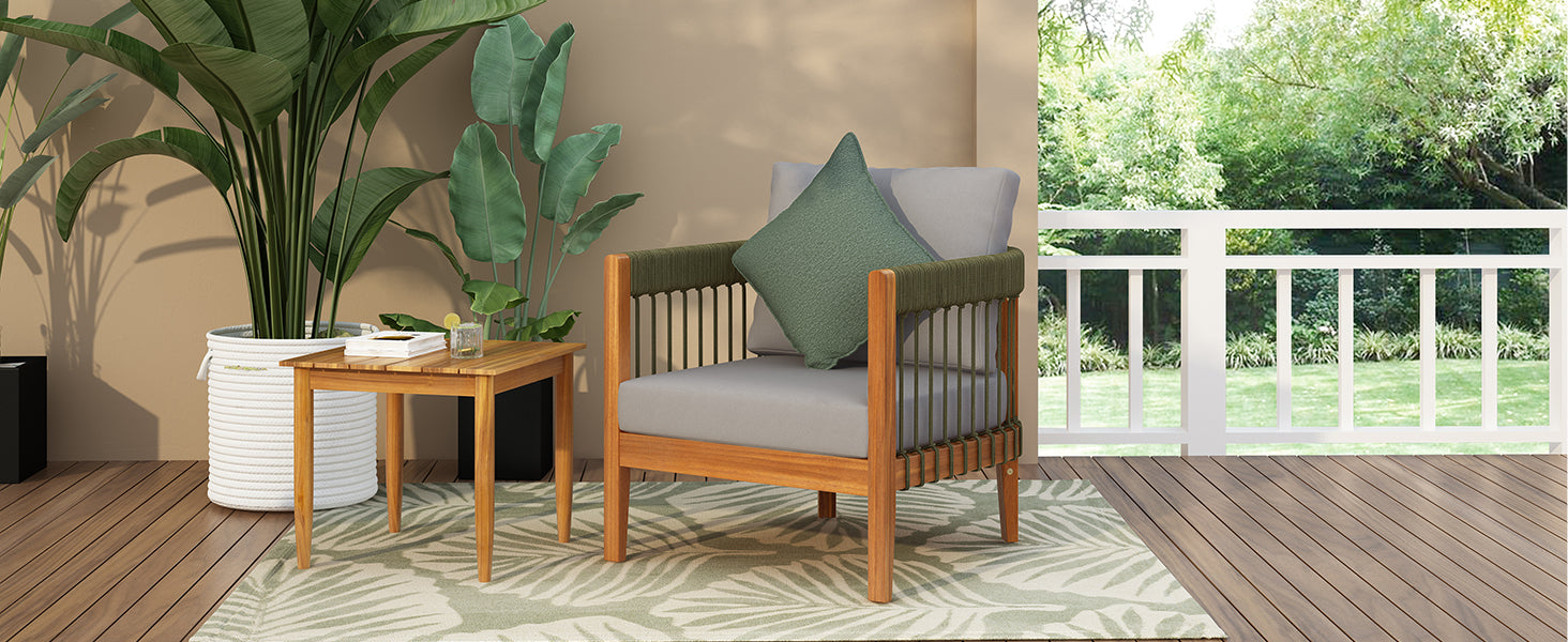 Acacia Wood Outdoor Club Chair with Handwoven Rope Accents & Curved Backrest - Water-Resistant Boho Patio Lounge Chair with Removable Cushions for Porch, Garden