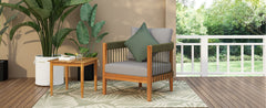 Acacia Wood Outdoor Club Chair with Handwoven Rope Accents & Curved Backrest - Water-Resistant Boho Patio Lounge Chair with Removable Cushions for Porch, Garden