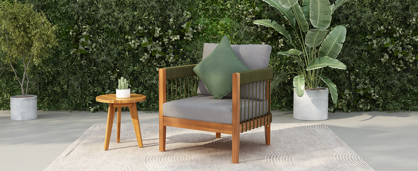 Acacia Wood Outdoor Club Chair with Handwoven Rope Accents & Curved Backrest - Water-Resistant Boho Patio Lounge Chair with Removable Cushions for Porch, Garden