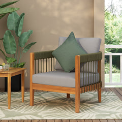 Acacia Wood Outdoor Club Chair with Handwoven Rope Accents & Curved Backrest - Water-Resistant Boho Patio Lounge Chair with Removable Cushions for Porch, Garden