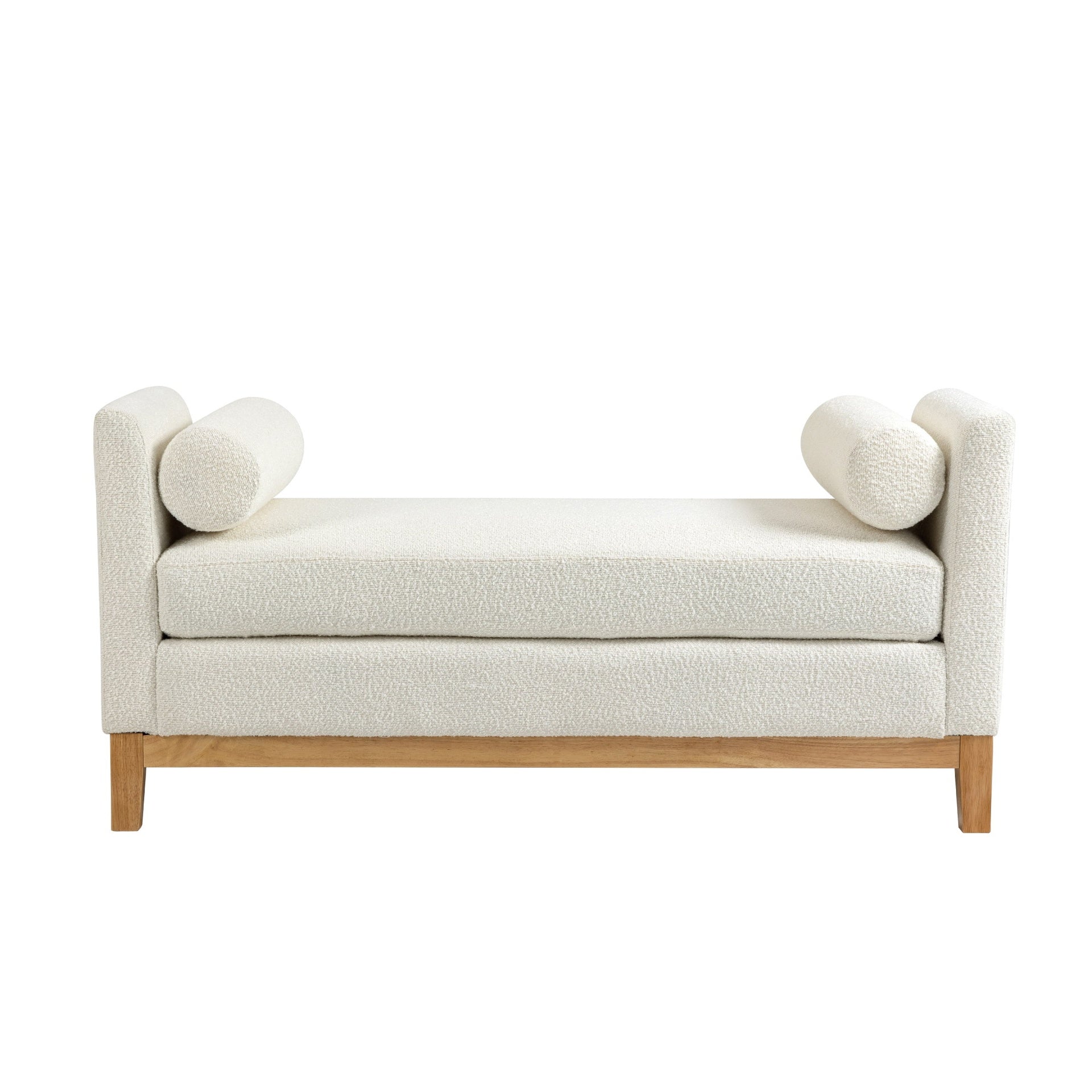 54.3"W Elegant Upholstered Bench, Ottoman with Wood Legs & 2 Bolster Pillows for End of Bed, Bedroom, Living Room, Entryway ,Ivory