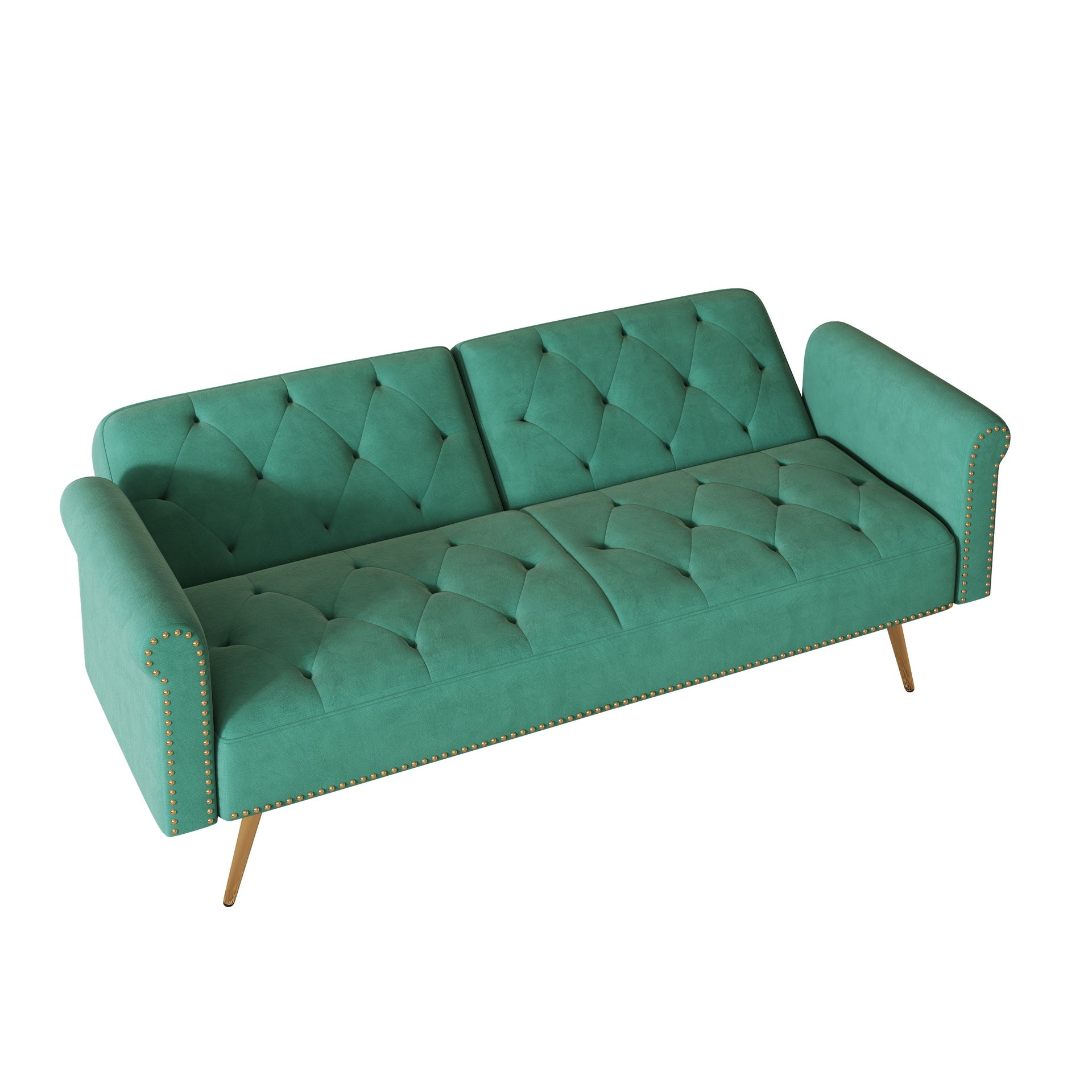 A 69.7-inch-long sofa bed covered in green velvet fabric, featuring nail head trim and accompanied by a matching throw pillow