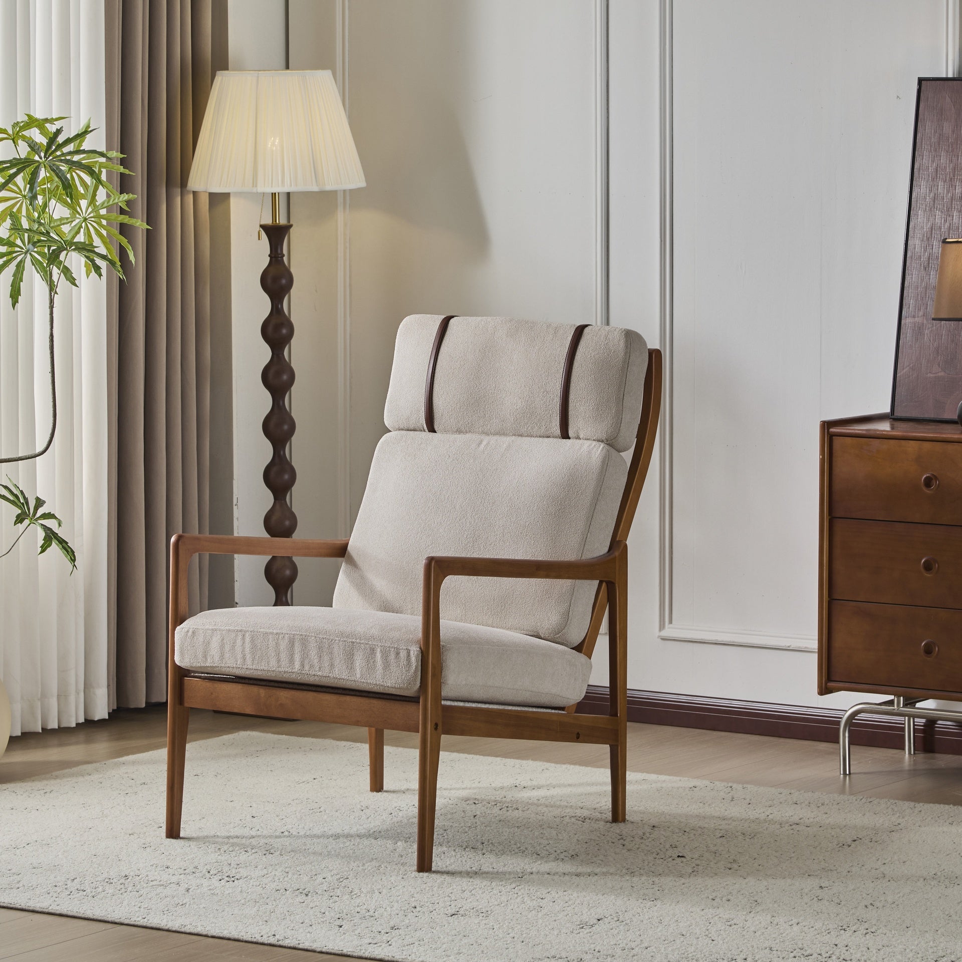Mid Century Modern Accent Armchair, Solid Wood Frame with High Back, Light Gray Upholstered Cushions, Ergonomic Lounge Chair for Living Room/Bedroom/Reading Nook