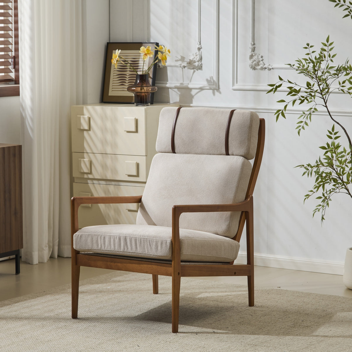 Mid Century Modern Accent Armchair, Solid Wood Frame with High Back, Light Gray Upholstered Cushions, Ergonomic Lounge Chair for Living Room/Bedroom/Reading Nook