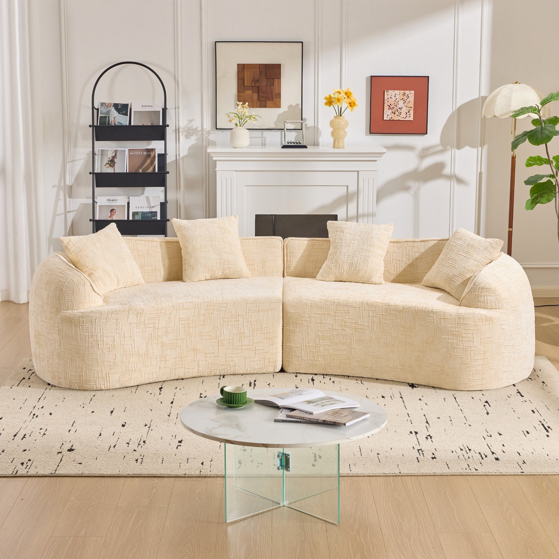 Beige  Curved Compressed Sofa, Creative Nordic-style Design for Living Room, Comfortable, Soft and Suitable for Multiple Scenarios