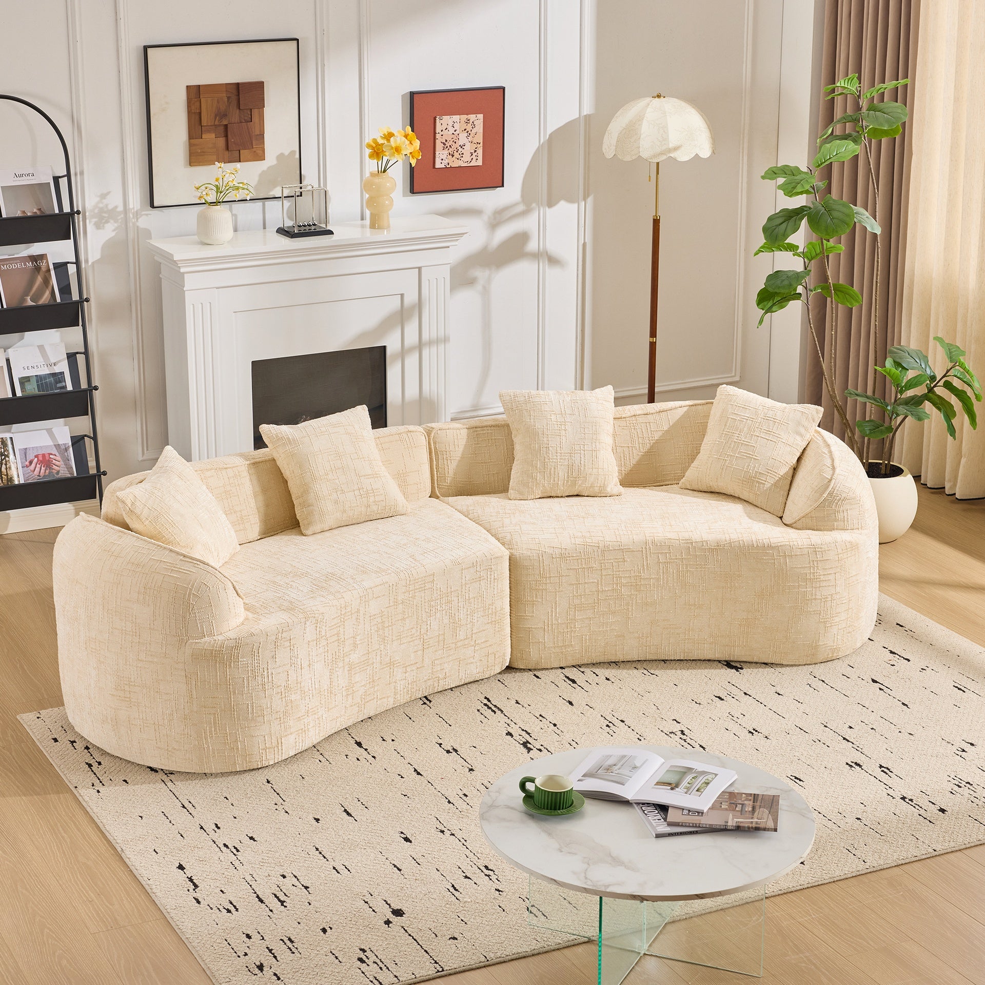 Beige  Curved Compressed Sofa, Creative Nordic-style Design for Living Room, Comfortable, Soft and Suitable for Multiple Scenarios