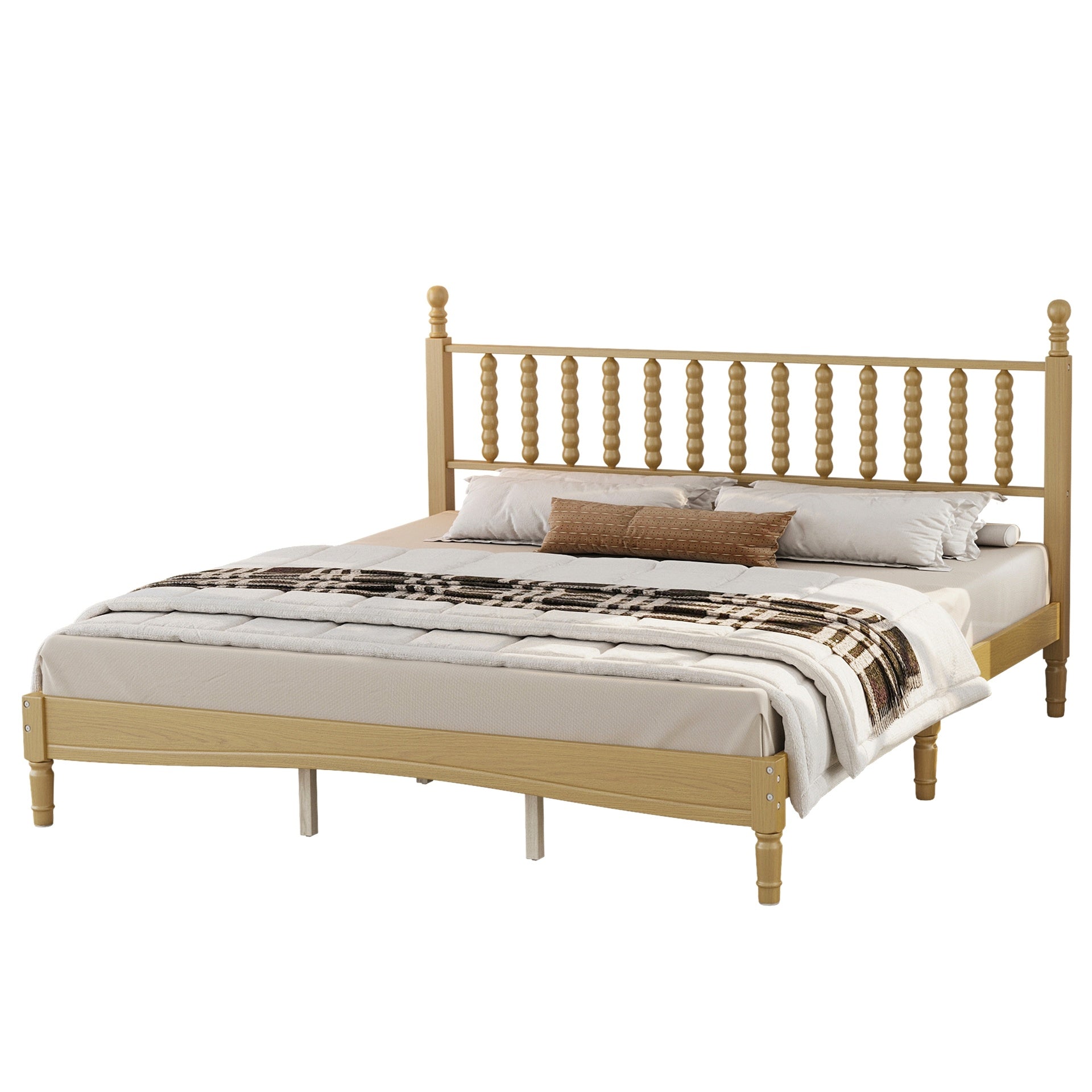 King Size Wood Platform Bed with Gourd Shaped Headboard,Retro Style Platform Bed with Wooden Slat Support,Natural