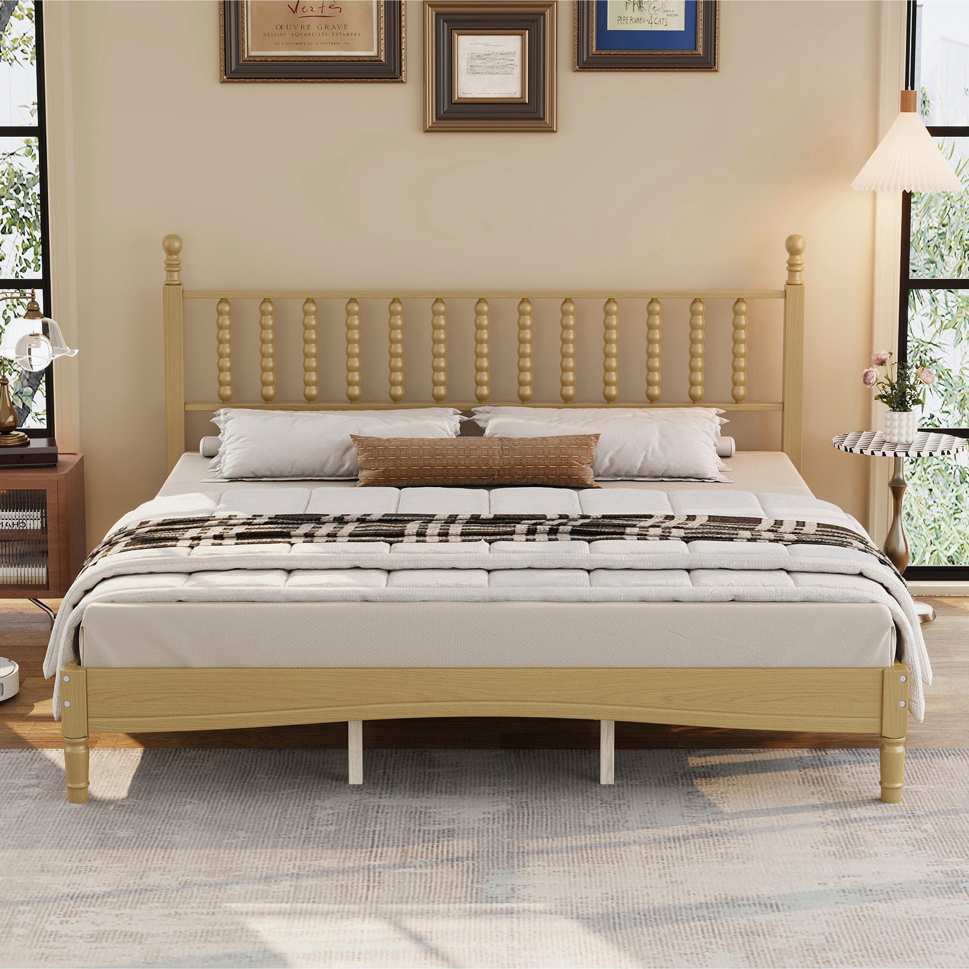 King Size Wood Platform Bed with Gourd Shaped Headboard,Retro Style Platform Bed with Wooden Slat Support,Natural