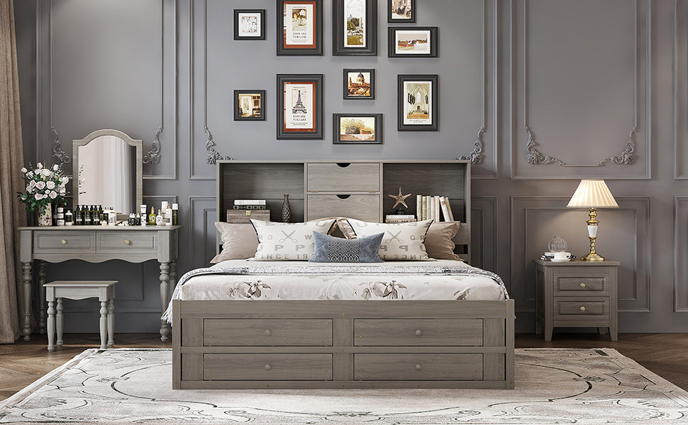King Size Platform Bed with Storage Headboard and 8 Drawers, Gray