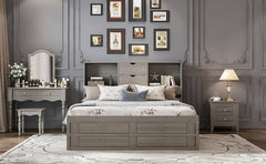 King Size Platform Bed with Storage Headboard and 8 Drawers, Gray