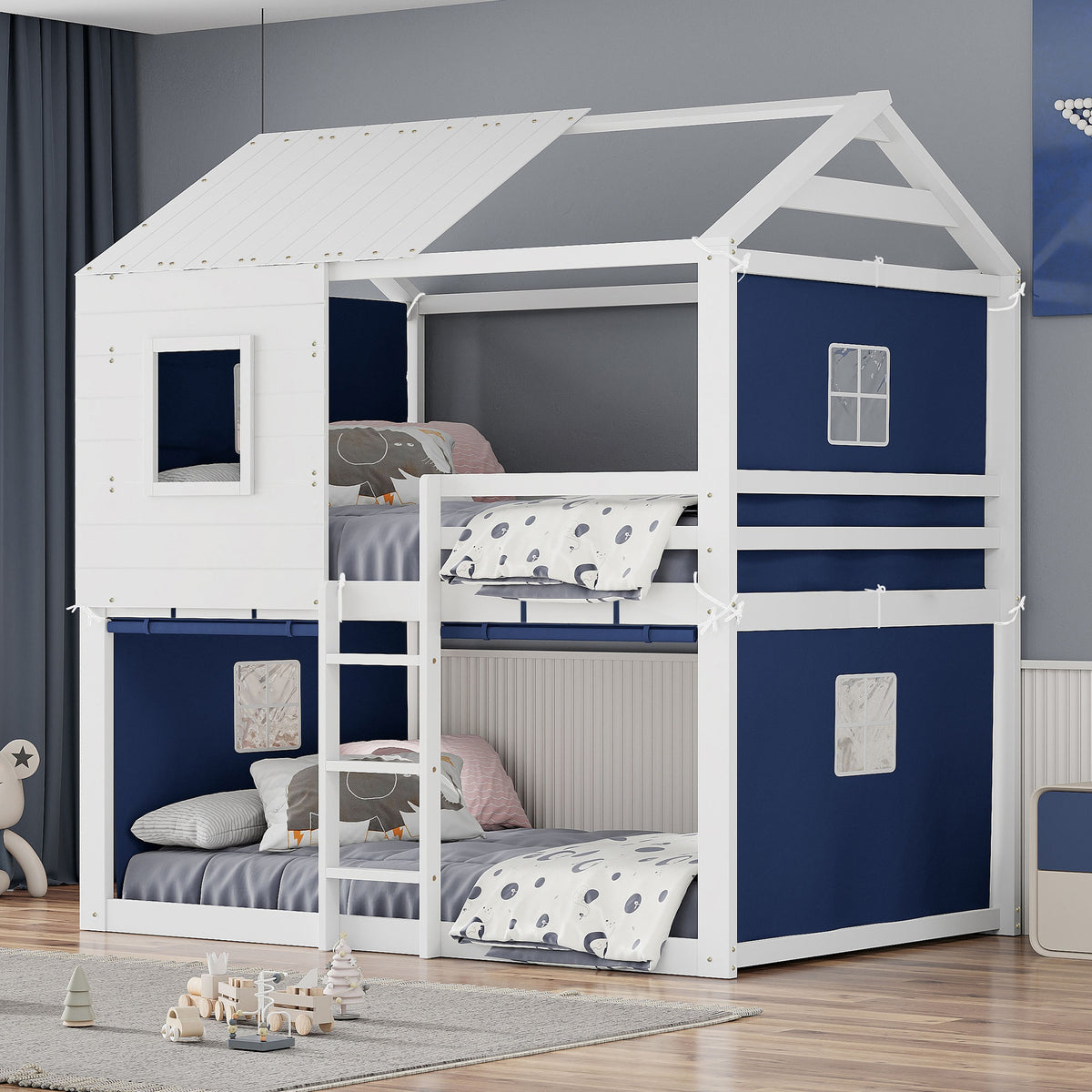 Full Size Bunk Wood House Bed with Tent, Blue+White