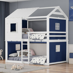 Full Size Bunk Wood House Bed with Tent, Blue+White