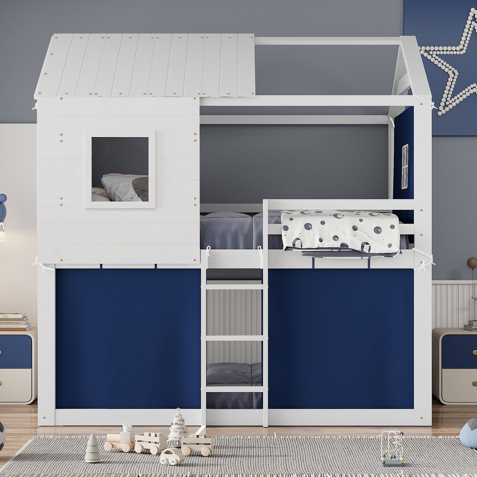 Full Size Bunk Wood House Bed with Tent, Blue+White