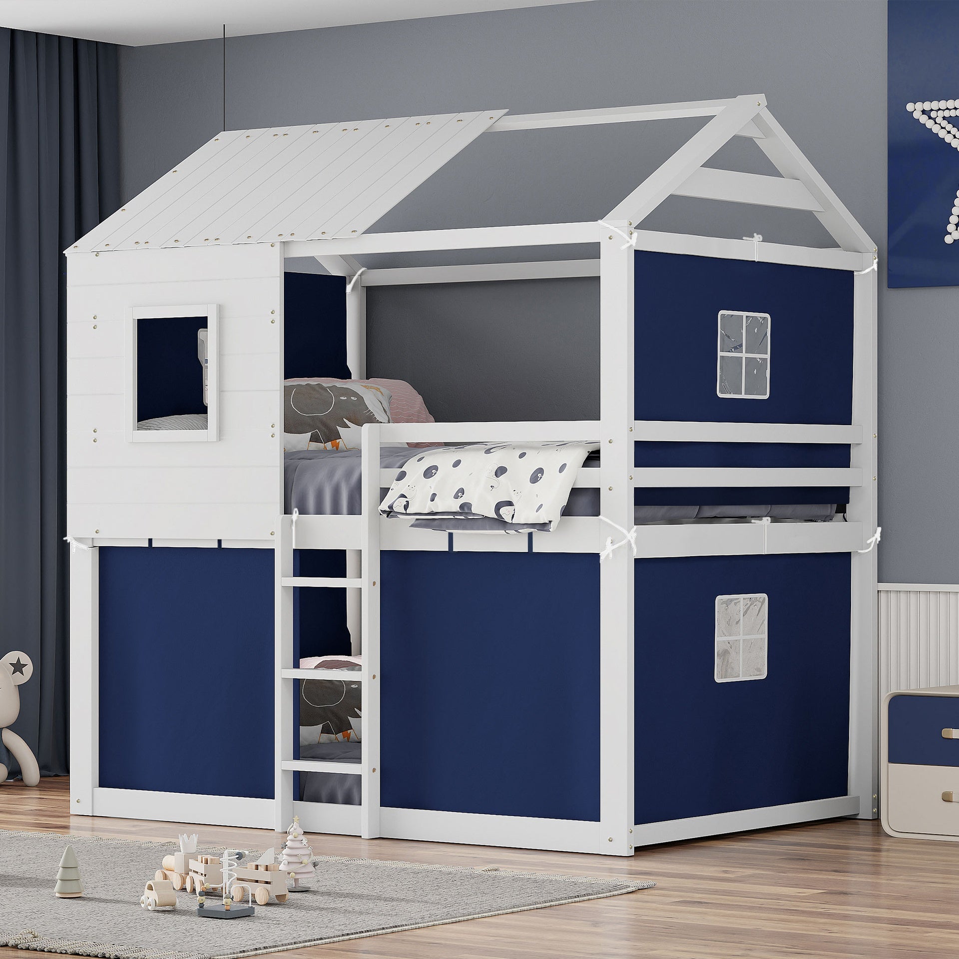 Full Size Bunk Wood House Bed with Tent, Blue+White