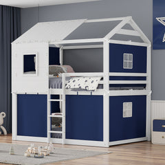 Full Size Bunk Wood House Bed with Tent, Blue+White