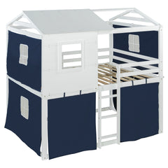 Full Size Bunk Wood House Bed with Tent, Blue+White
