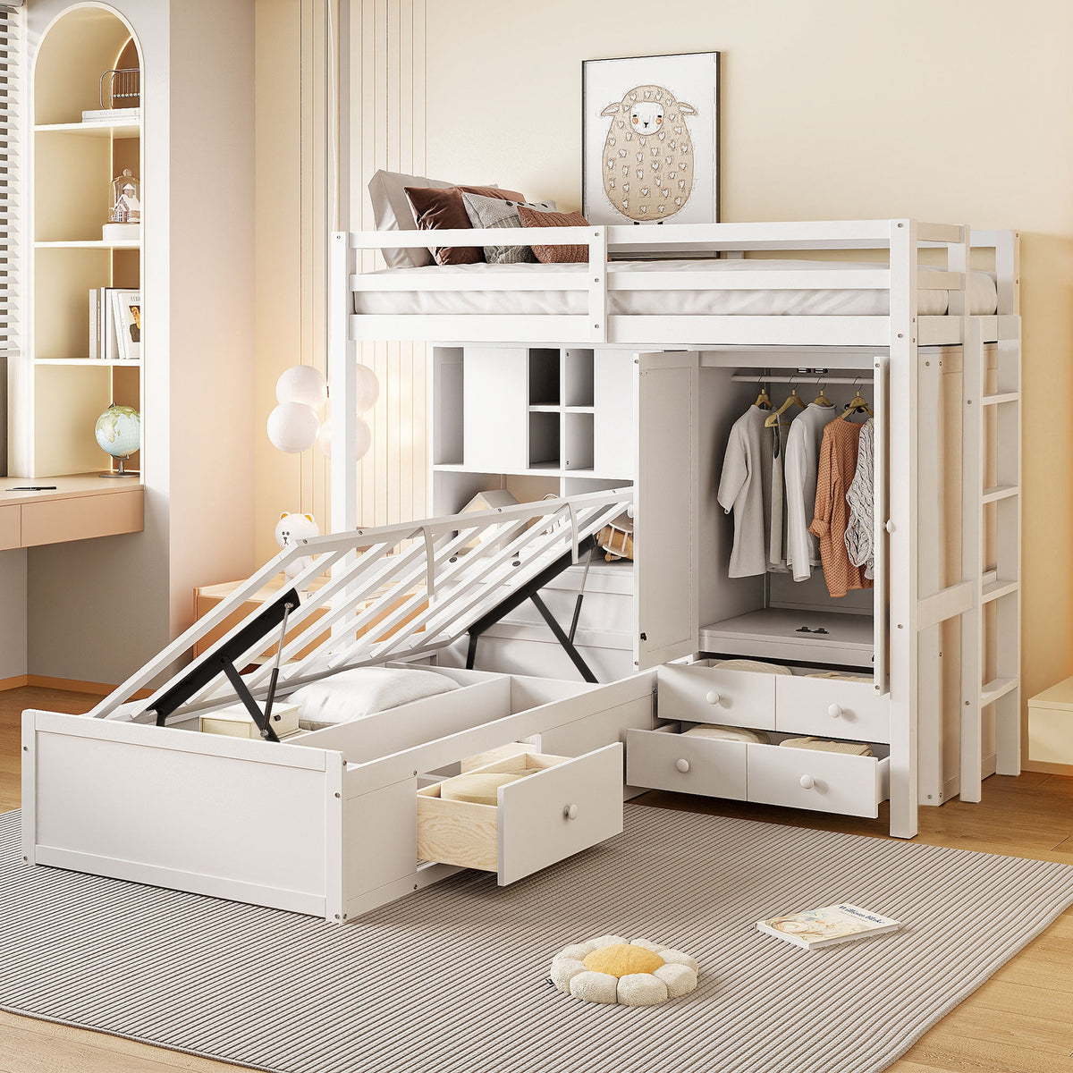 Twin Bunk Bed with Drawers, Wardrobe, Storage Shelves and Hydraulic Bed,White