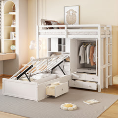 Twin Bunk Bed with Drawers, Wardrobe, Storage Shelves and Hydraulic Bed,White