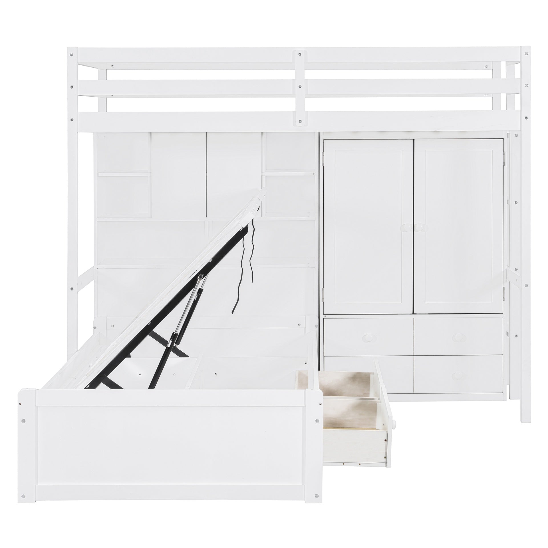 Twin Bunk Bed with Drawers, Wardrobe, Storage Shelves and Hydraulic Bed,White