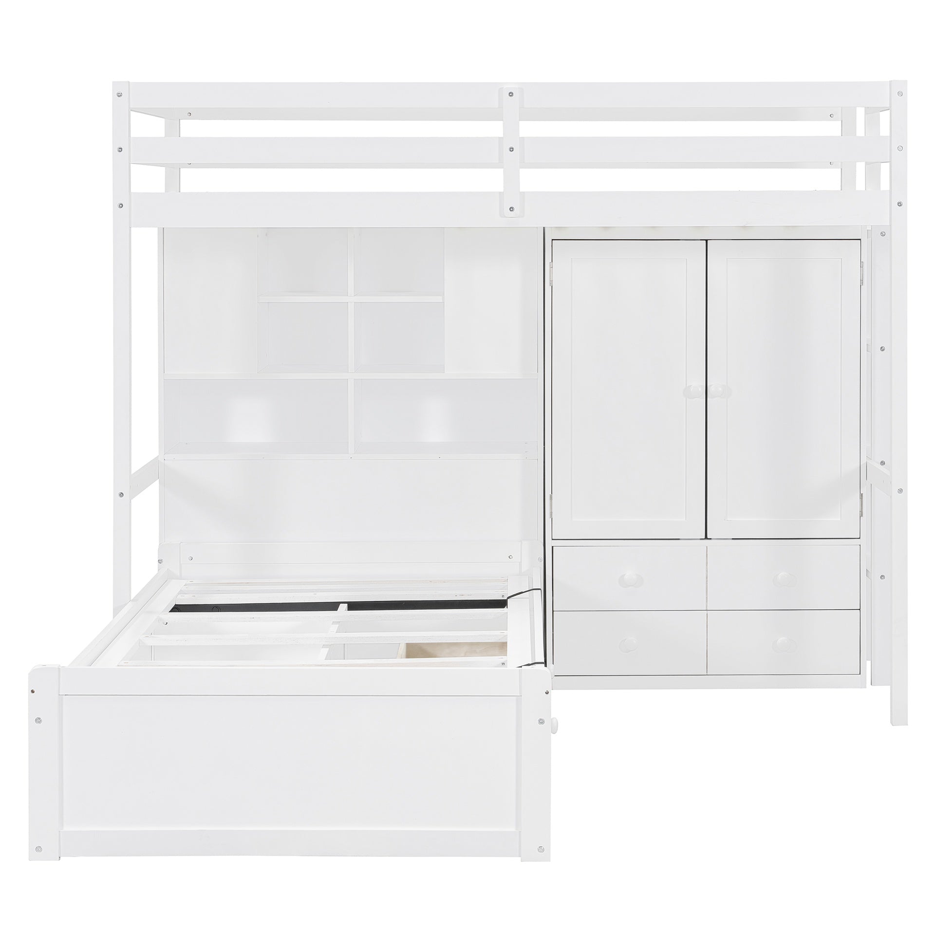 Twin Bunk Bed with Drawers, Wardrobe, Storage Shelves and Hydraulic Bed,White