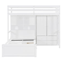 Twin Bunk Bed with Drawers, Wardrobe, Storage Shelves and Hydraulic Bed,White
