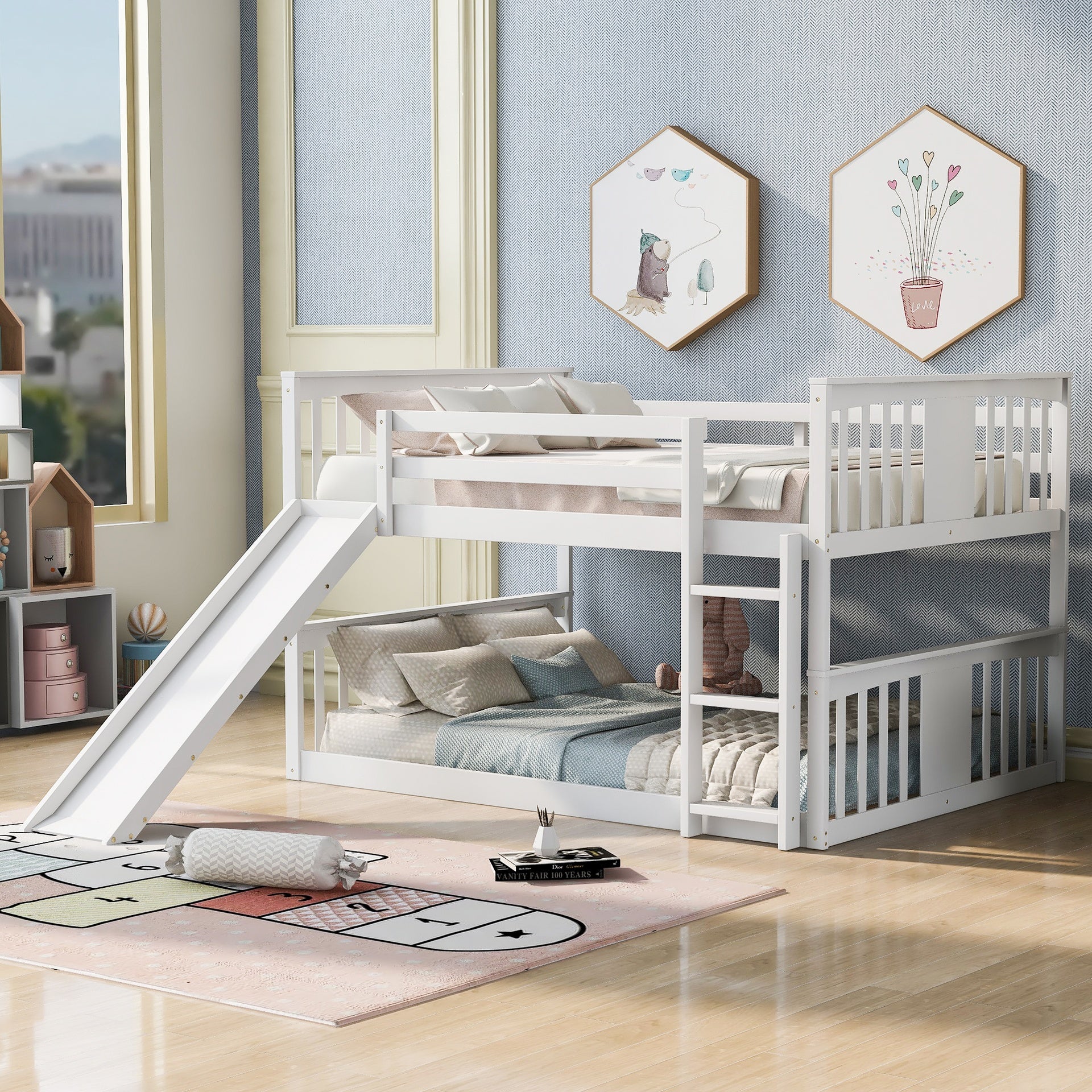 Full Over Full Bunk Bed with Ladder with Slide, White