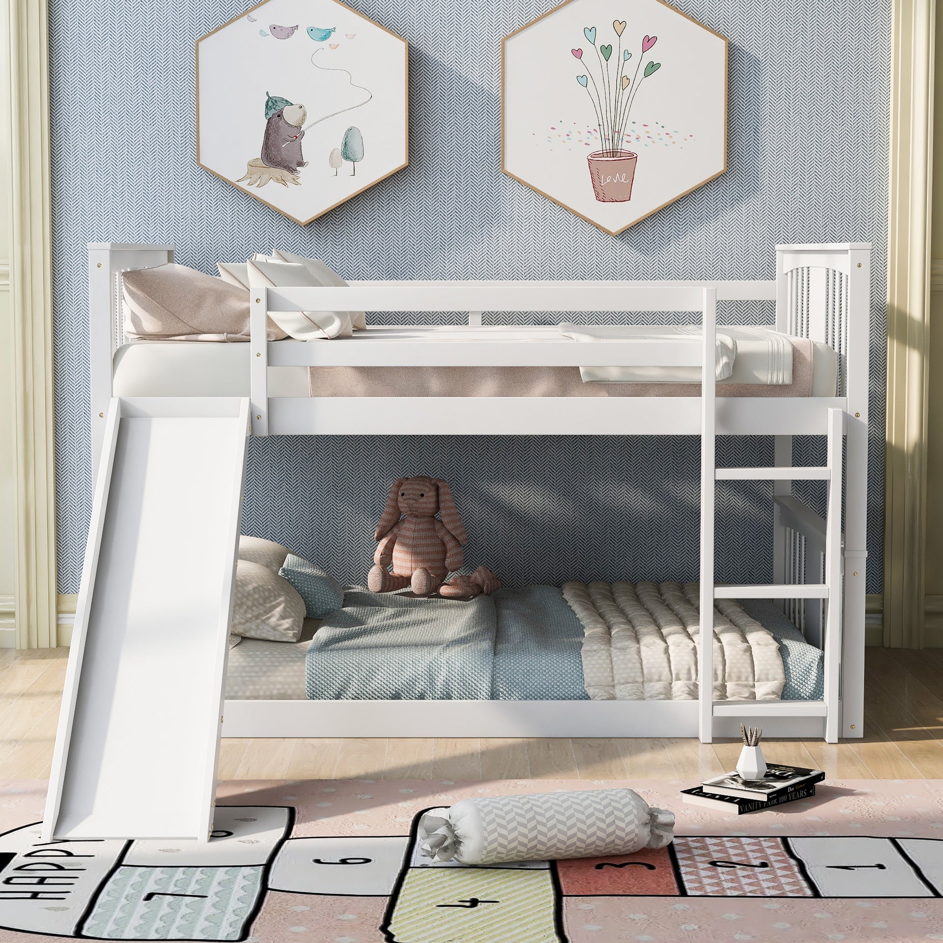 Full Over Full Bunk Bed with Ladder with Slide, White