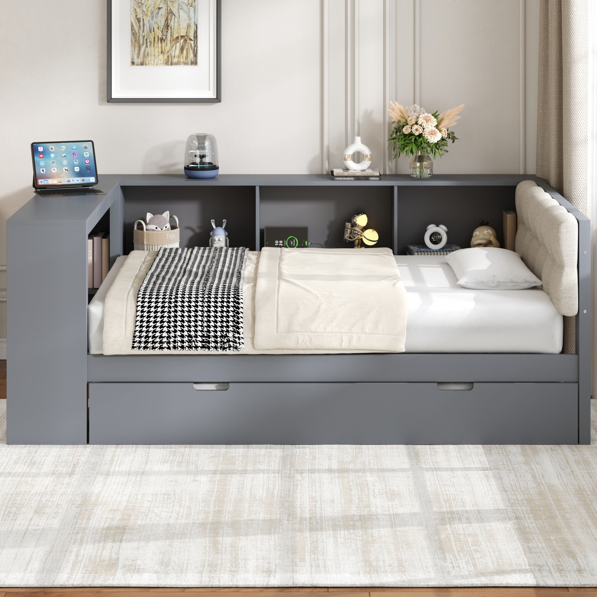 Wood Twin Size Platform Bed with Storage Shelves, Trundle, Charging Station and Upholstered Headboard, Gray