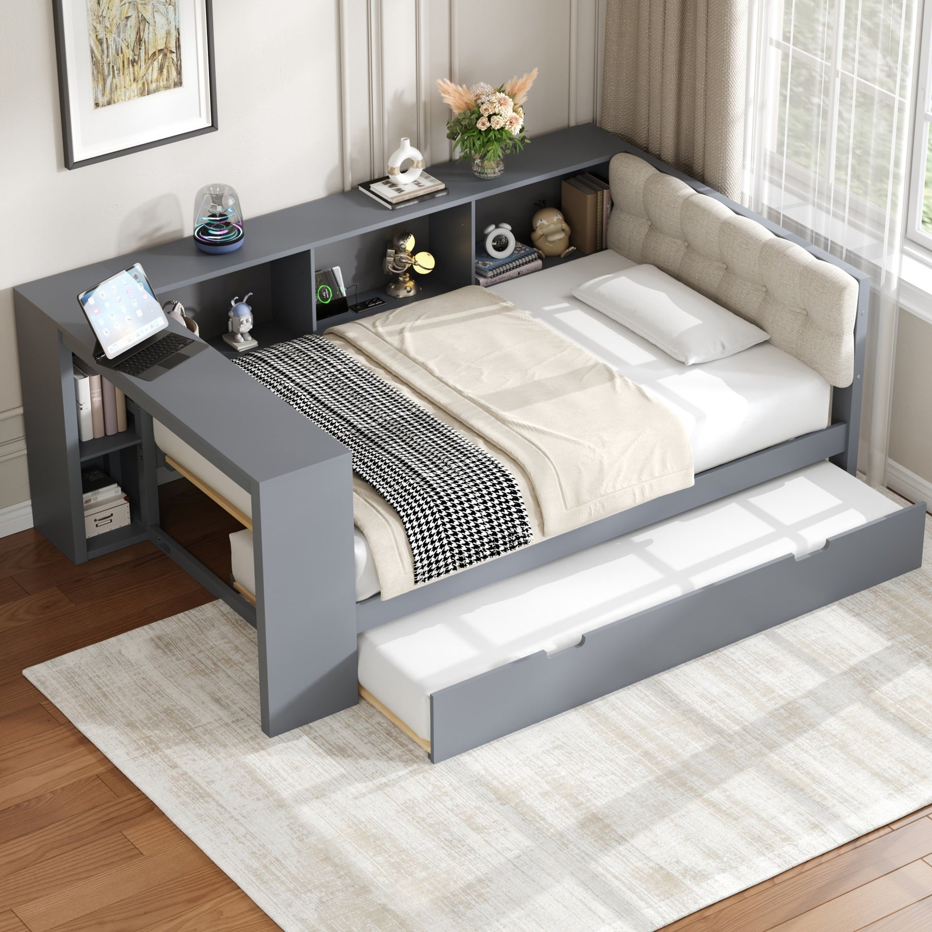 Wood Twin Size Platform Bed with Storage Shelves, Trundle, Charging Station and Upholstered Headboard, Gray