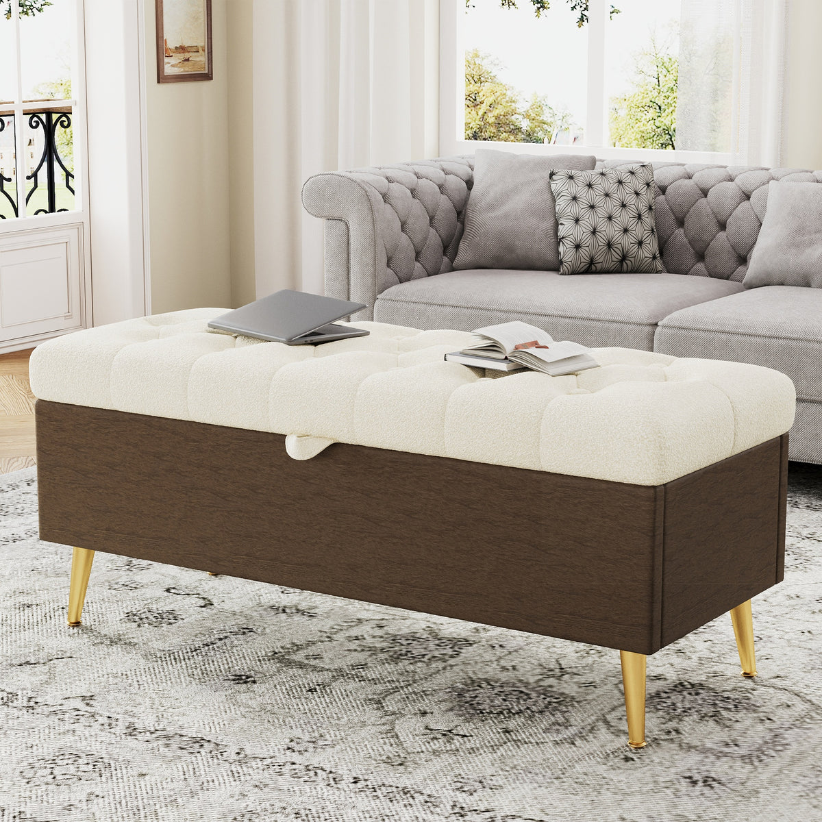 Modern Storage Ottoman Bench Upholstered Bedroom Bench Entryway Storage Ottoman Tufted Ottoman Bench for Living Room, Bedroom and Entryway, Beige