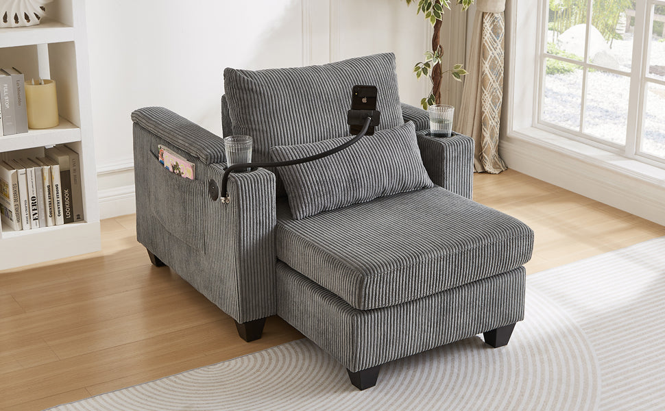Convertible Chaise Lounge 37.4" Sofa Chair Sofa Bed Corduroy Sleeper Sofa with USB Ports , Two Cup Holders, Phone Holder and Ample Storage Space for Living Room and Bedroom, Grey