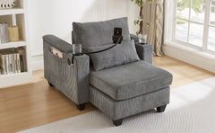 Convertible Chaise Lounge 37.4" Sofa Chair Sofa Bed Corduroy Sleeper Sofa with USB Ports , Two Cup Holders, Phone Holder and Ample Storage Space for Living Room and Bedroom, Grey