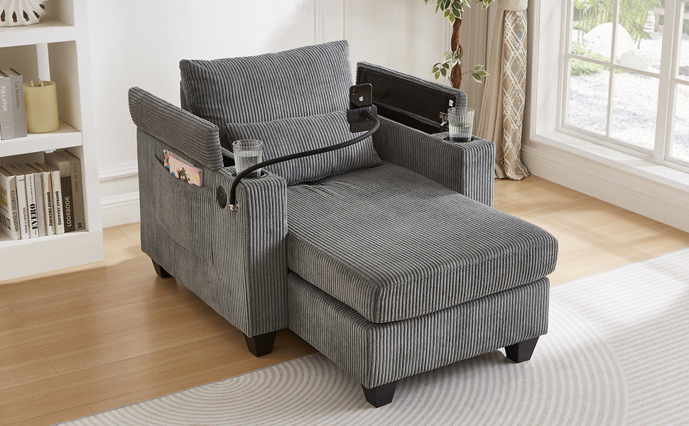 Convertible Chaise Lounge 37.4" Sofa Chair Sofa Bed Corduroy Sleeper Sofa with USB Ports , Two Cup Holders, Phone Holder and Ample Storage Space for Living Room and Bedroom, Grey