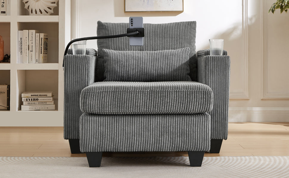 Convertible Chaise Lounge 37.4" Sofa Chair Sofa Bed Corduroy Sleeper Sofa with USB Ports , Two Cup Holders, Phone Holder and Ample Storage Space for Living Room and Bedroom, Grey